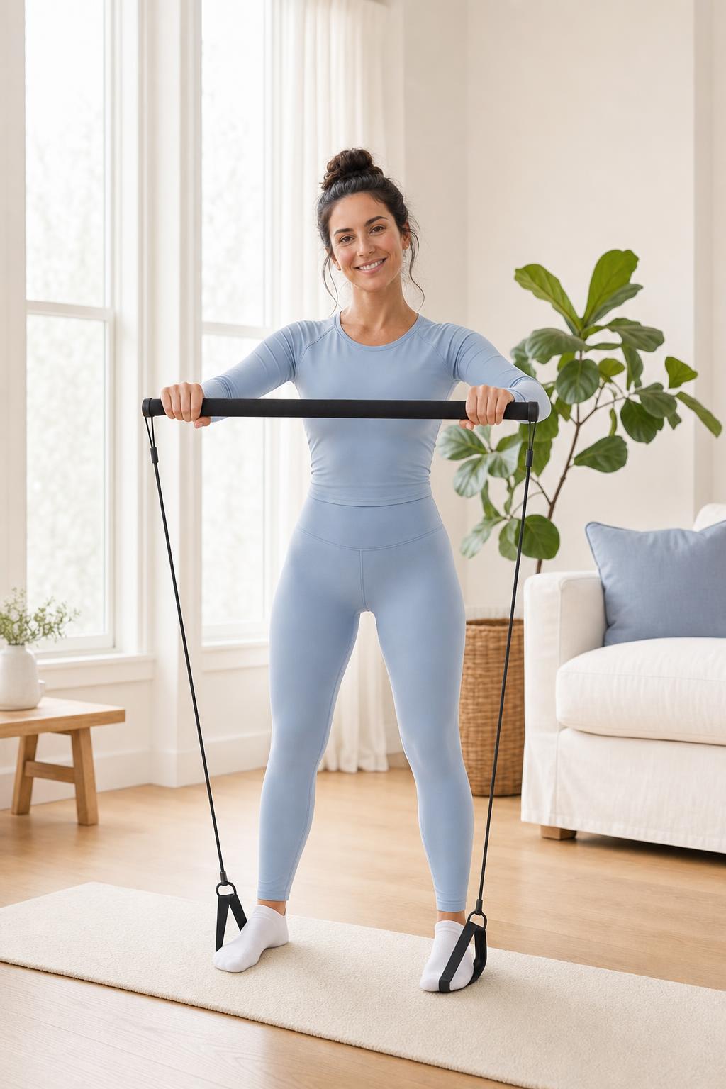 Woman training with the Lunelify Pilates Bar at home